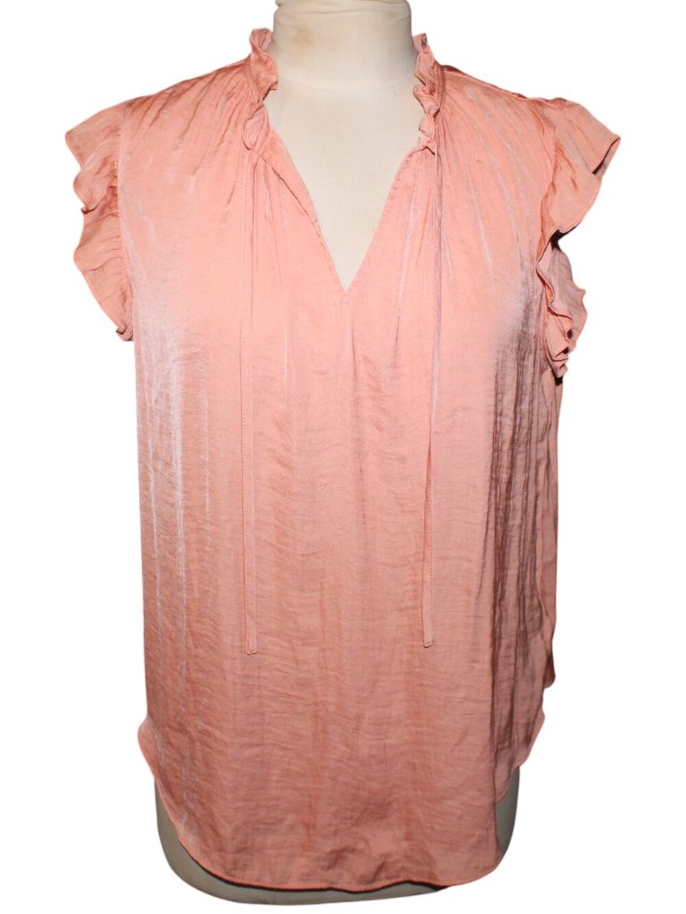 cupcakes and cashmere Size M Ruffle Satin Blouse Peach Coral Flutter Sleeve